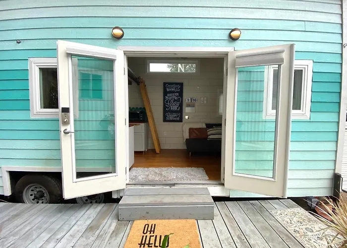 Lofted Bedroom Teal Tiny Home With Creek Views